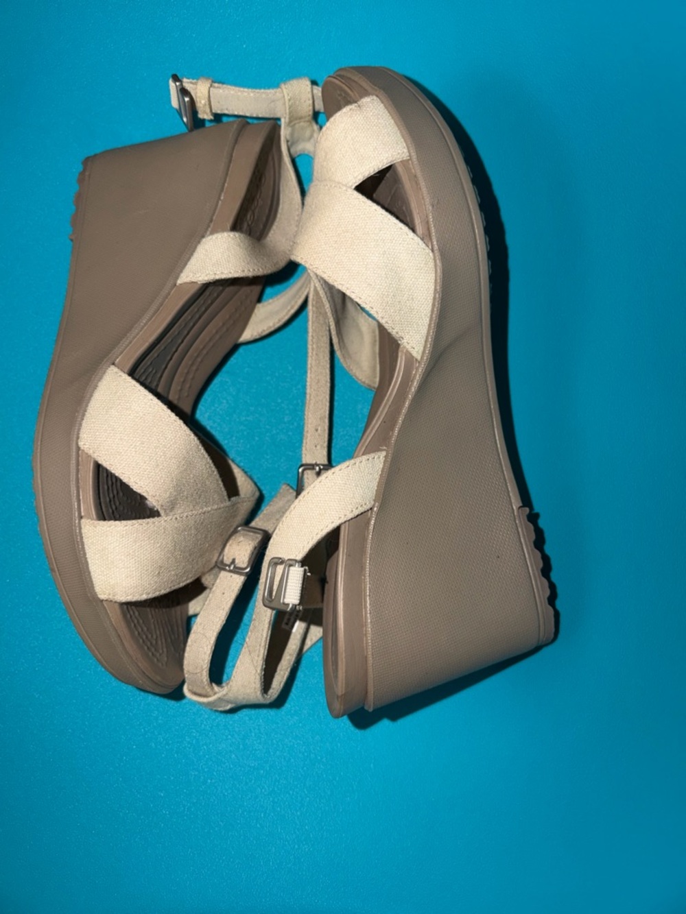 CROCS comfort wedges Beige Canvas Crisscross Wedge Sandals